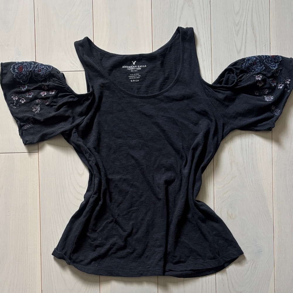 American Eagle Outfitters Black Cold-Shoulder Top with Embroidered Puff Sleeves